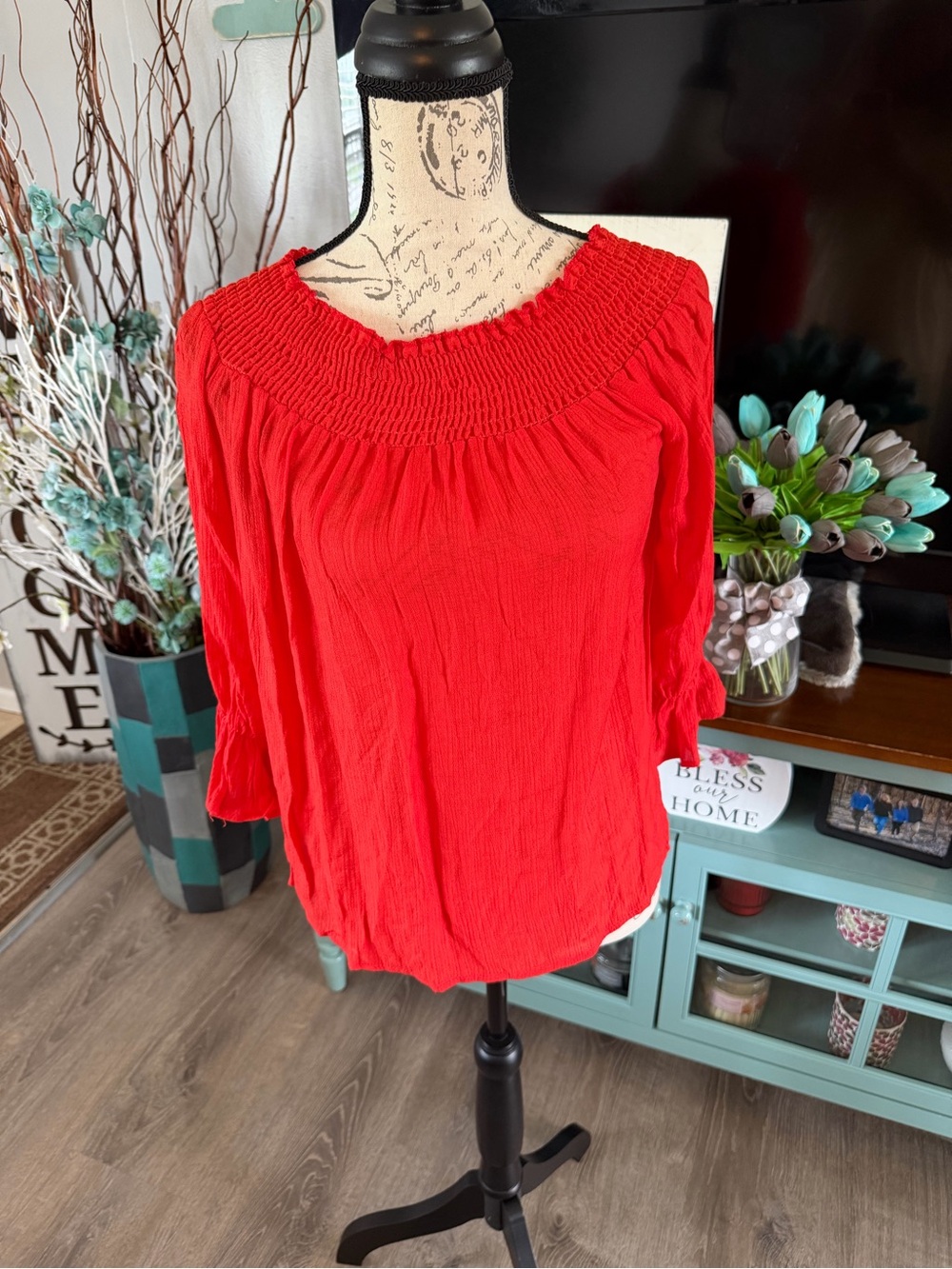 Smocked-Neck Orangish Red Cotton Blend Women's Blouse Small